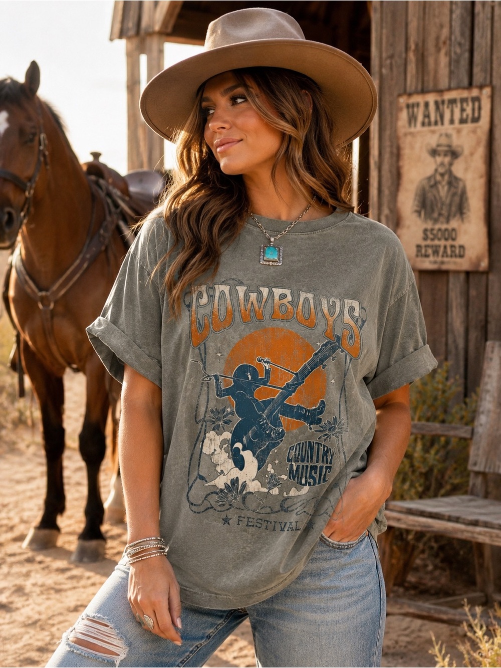 Zutter Cowboys & Country Music Graphic Short Sleeve Tee - Washed Olive Wmn’s Lg